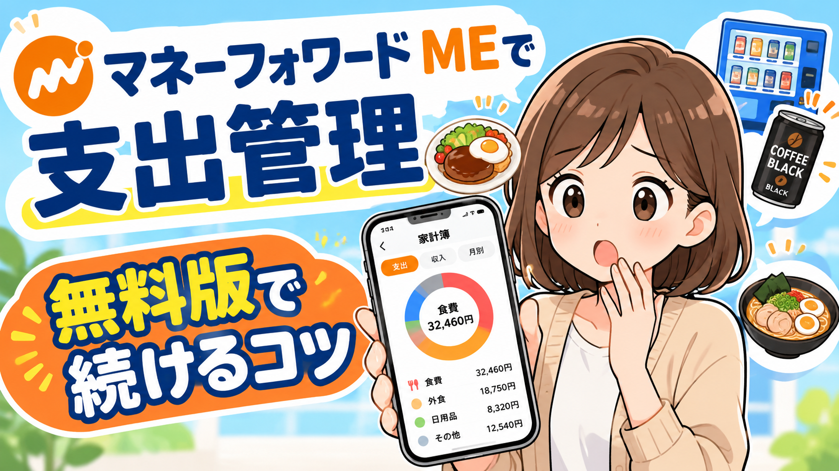 スマホの家計簿アプリで食費のグラフを見て、外食や自販機コーヒーの出費の多さに驚く人のイラスト