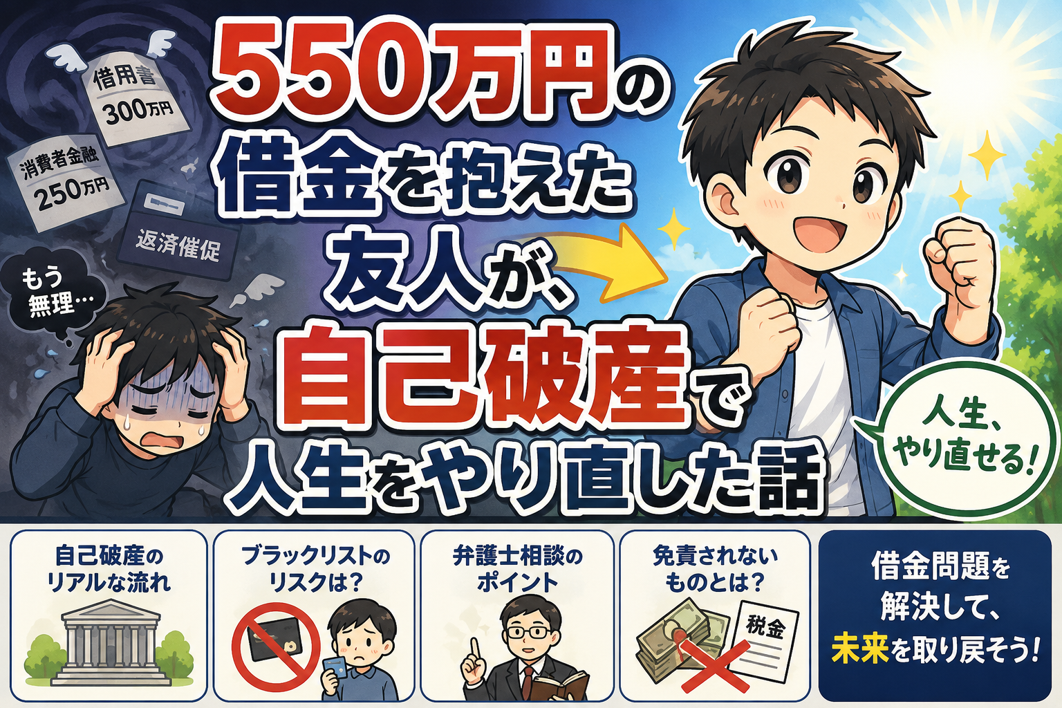 550万円の借金を抱えた友人が自己破産で人生をやり直した体験談を紹介するイラスト