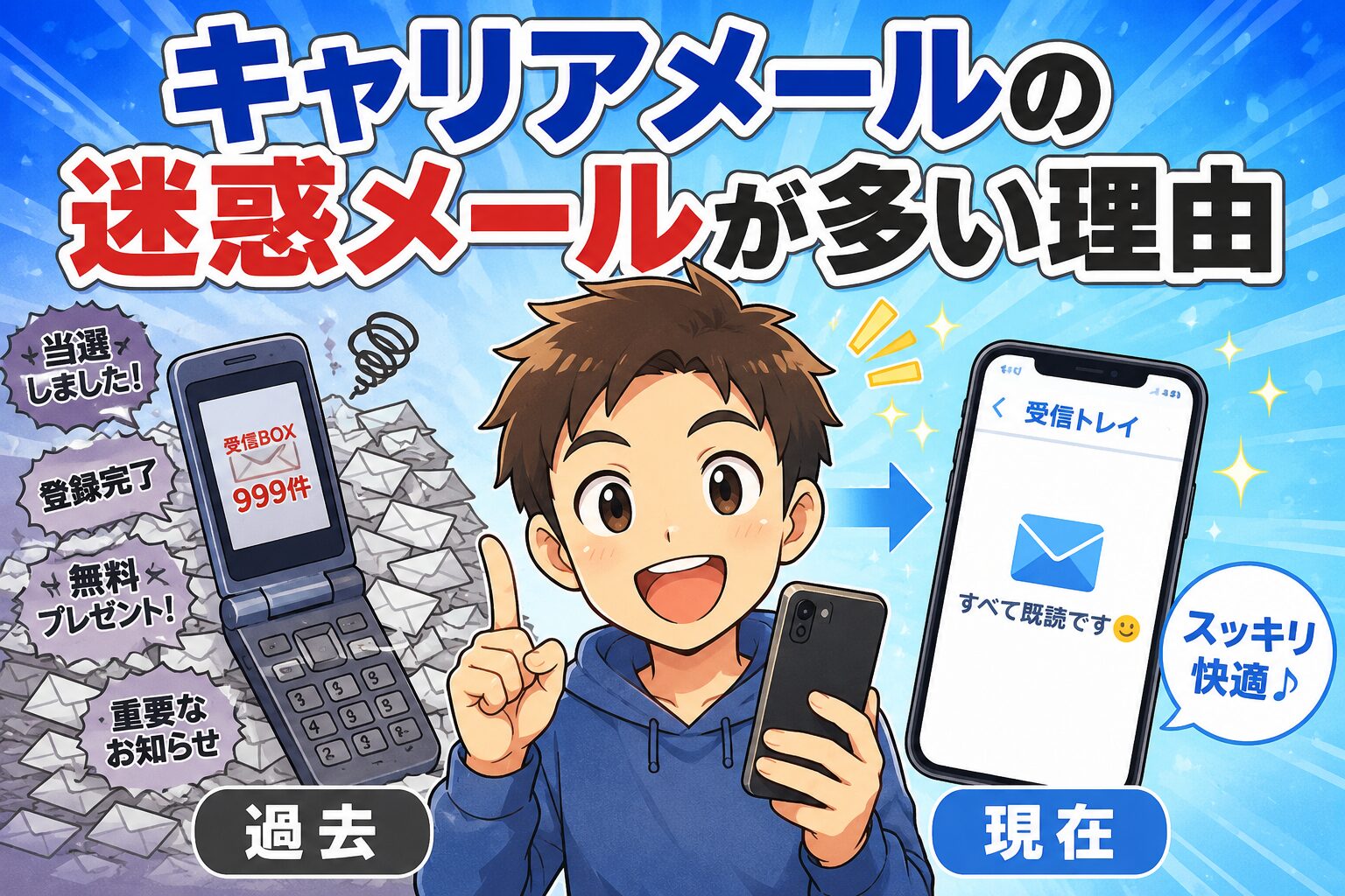 キャリアメールの迷惑メールが多い理由を解説。過去のガラケーは迷惑メールだらけ、現在のスマホは受信トレイがスッキリ