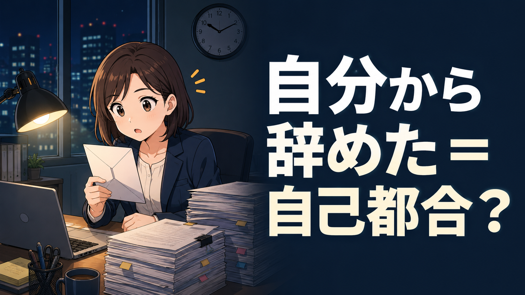 夜のオフィスで書類の山を前に、封筒を手に驚いた表情を浮かべる会社員の女性のイラスト