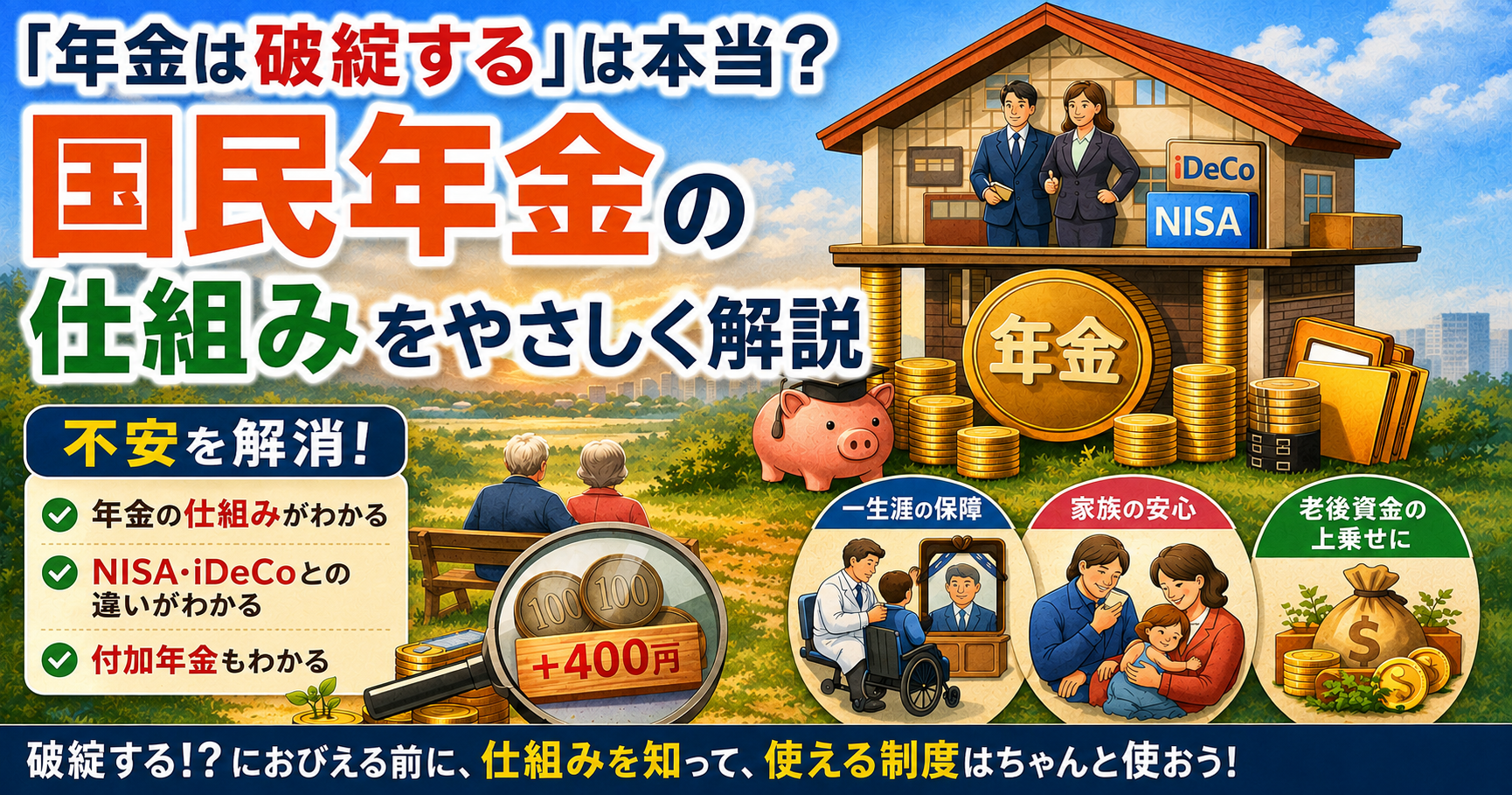 「年金は破綻する」は本当かを解説する記事のアイキャッチ。二階建ての家で国民年金と厚生年金の構造を表し、NISA・iDeCo、付加年金の＋400円、一生涯の保障・家族の安心・老後資金の上乗せを図解したイラスト