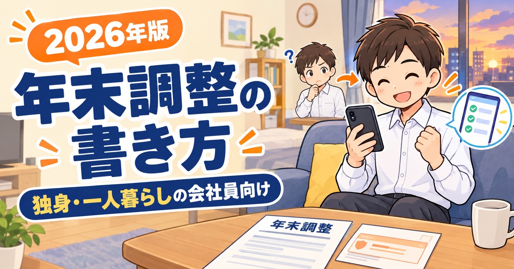 2026年の年末調整の書類をスマホで入力する、一人暮らしの会社員のイラスト