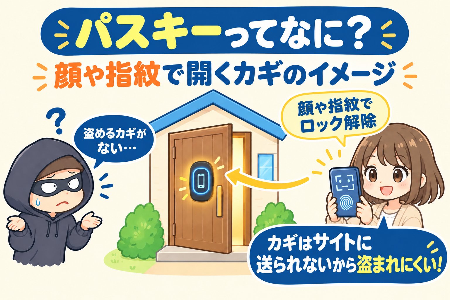 パスキーは、パスワードのかわりに顔や指紋でログインするしくみを説明するイメージ