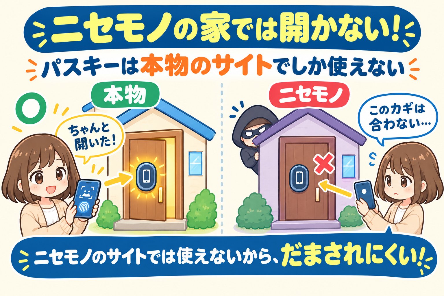 パスキーは本物のサイトのドアだけ開き、ニセモノのサイトのドアは開かないことを表したイラスト